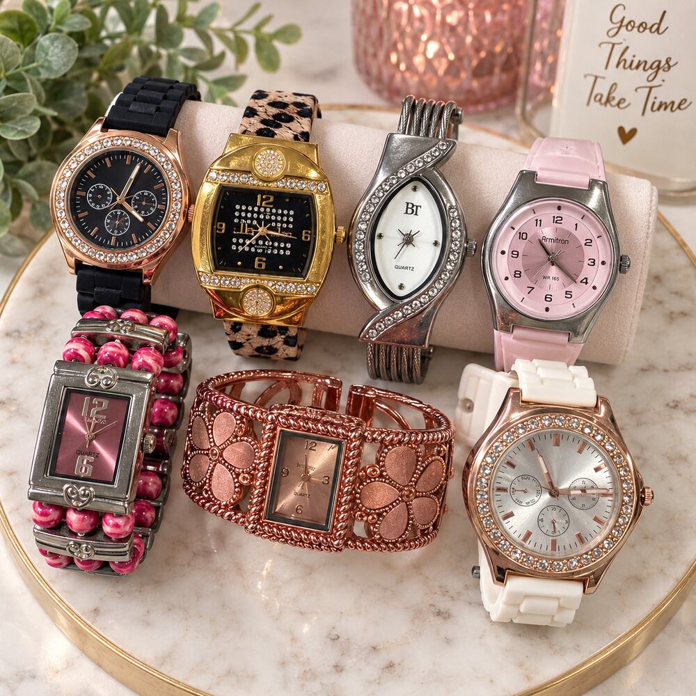 Vintage Women’s Watch Lot of 7 – Rhinestone, Rose Gold, Pink & Silver Quartz